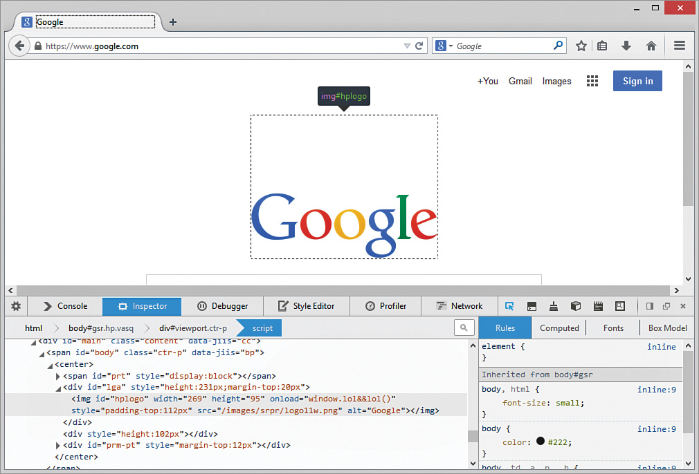 A screenshot of Google homepage in Firefox, inspecting the Google logo using Developer Tools.