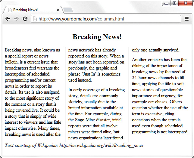 A screenshot shows the sample newspaper type layout generated using CSS columns. Now, the columns are separated by vertical lines.