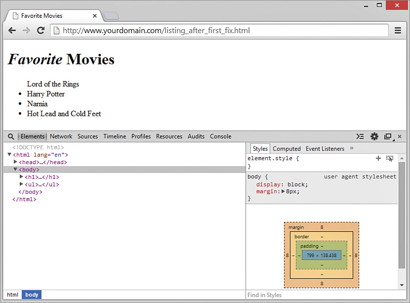 A screenshot of a web page with the output and the Element tab.