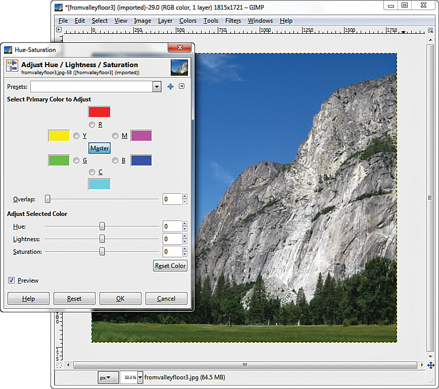 A screenshot displays the Adjust Hue/Lightness/saturation tool.