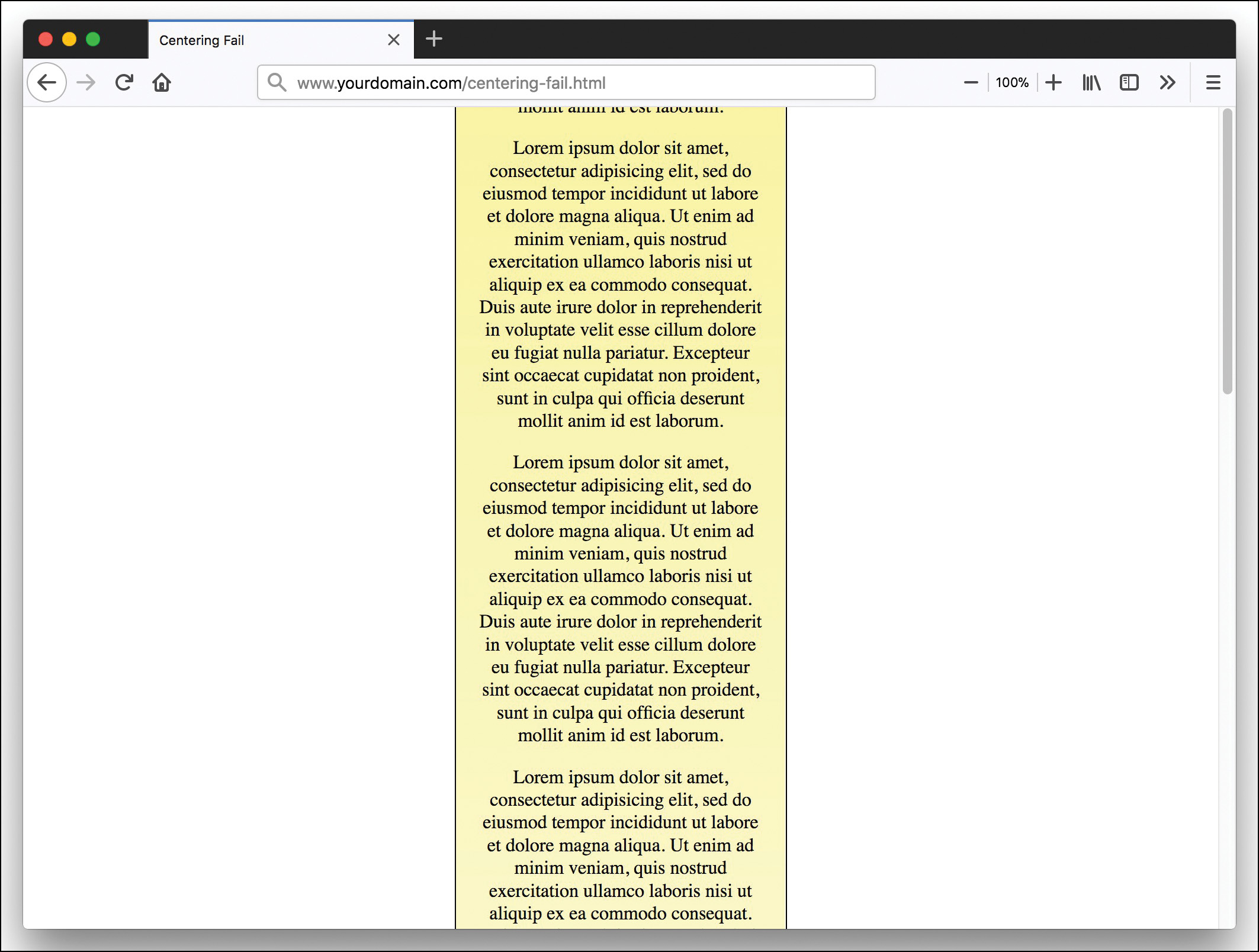 An element that contains a lot of text is centered in a page. The top portion of the text is clipped and unreadable.