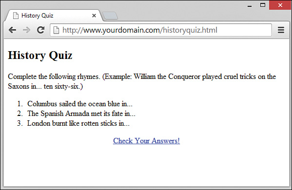 A screenshot shows the output of "History Quiz" file. The page displays a main question followed by three sub-questions numbered 1, 2, and 3. It has a "Check your answers" link at the bottom.