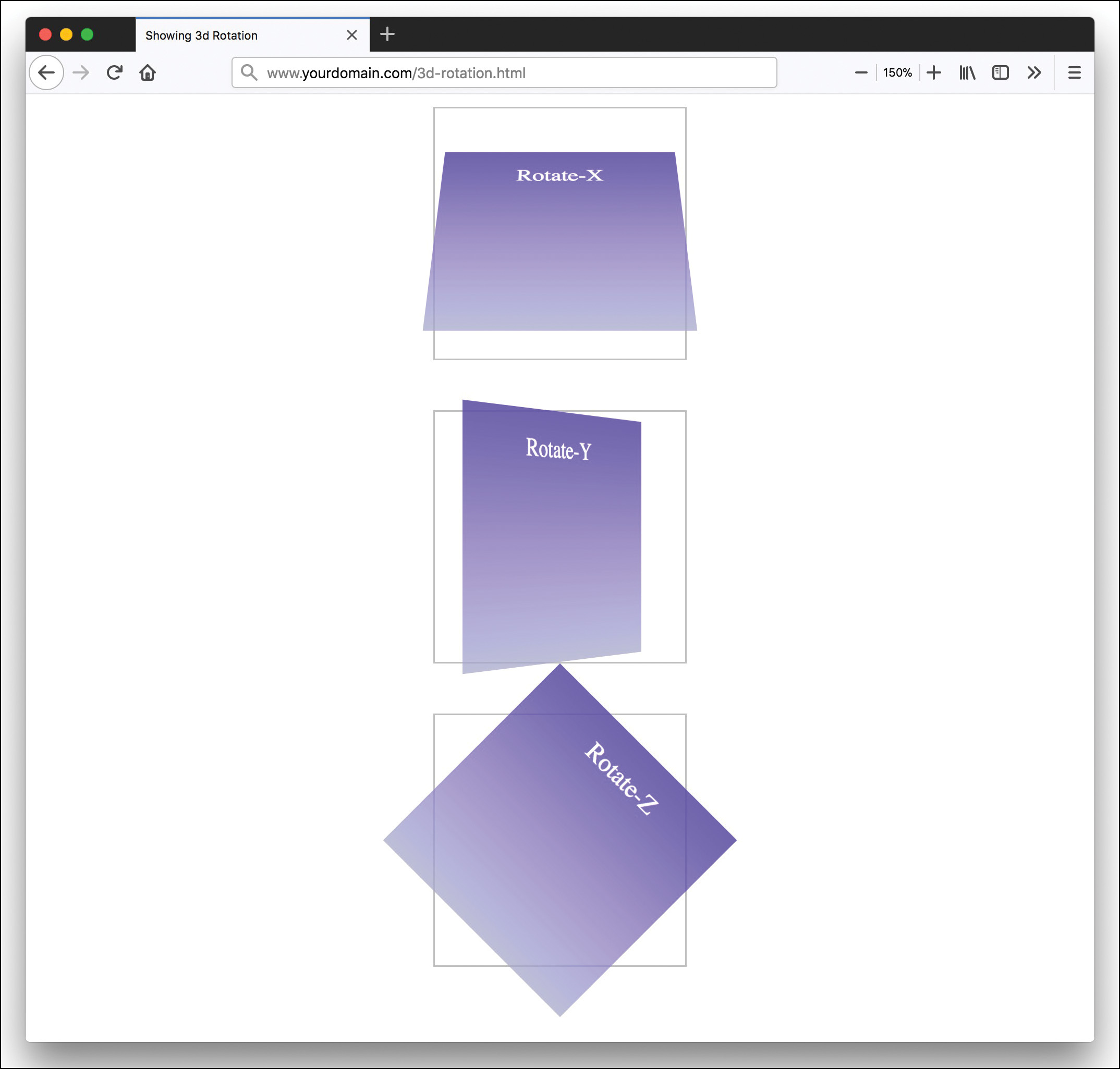 There are three elements: Rotate-X, Rotate-Y, and Rotate-Z present with a respective blank container element that serves as the frame of reference. The elements are rotated vertically, horizontally, and diagonally, respectively. 
