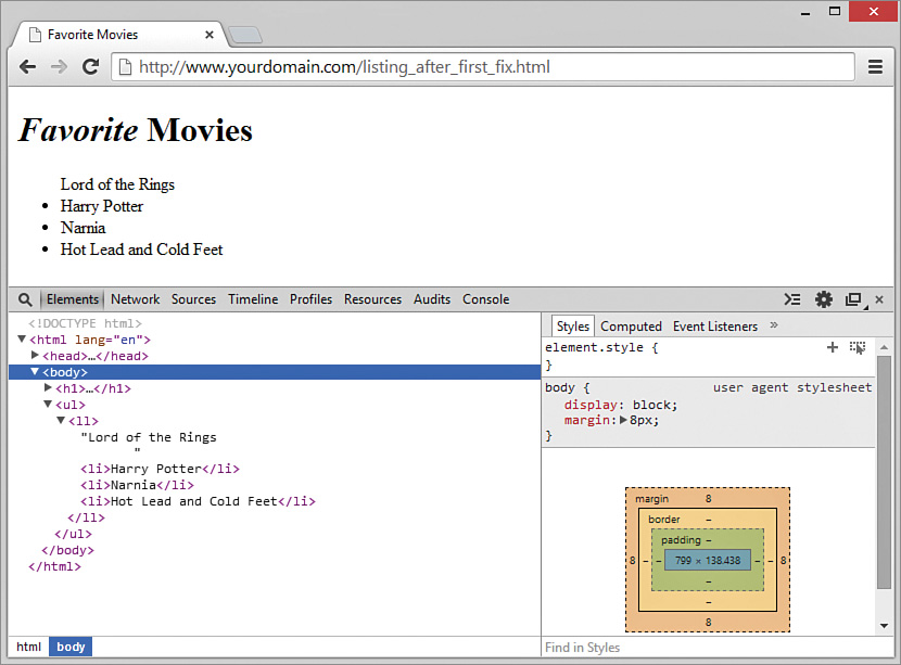 A screenshot shows the "body" of the Favorite Movies script in the D O M.