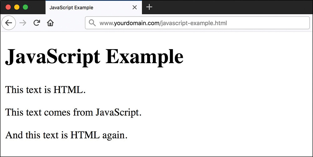 A screenshot of the output rendered by an HTML file embedded with JavaScript. The output produced by the JavaScript is printed in the same way as the output rendered by the HTML script above and below it.
