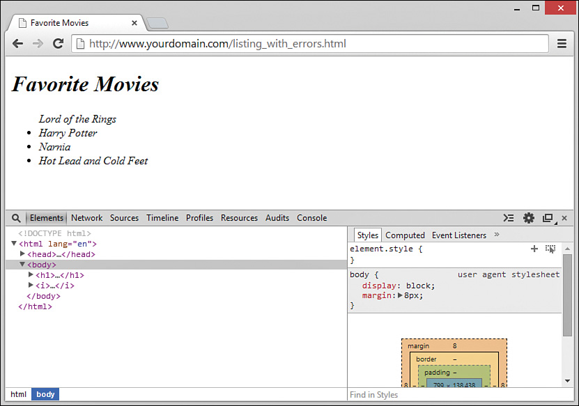 A screenshot of the webpage displays the output and the developer tools for the sample unordered list.