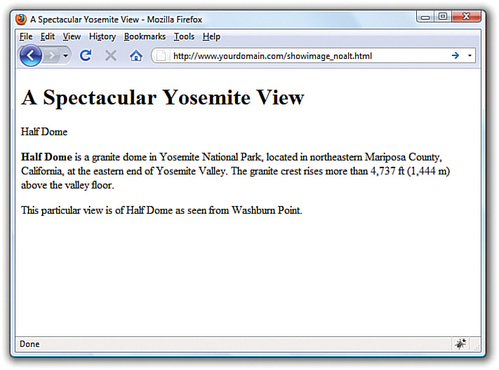 A screenshot shows a sample alt message titled "A spectacular Yosemite View." In the place of the image is the alt-text, ‘Half Dome,’ followed by a short description.