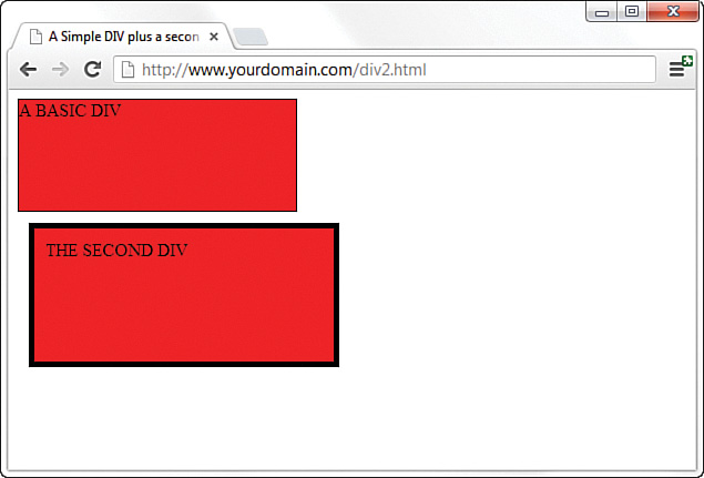 An output screen of two <div> tags displays a rectangular block at the top-left labeled, ‘A BASIC DIV.’ Below is another block labeled ‘THE SECOND DIV.’ It has a bigger margin and a bolder border. Both blocks are shaded red.
