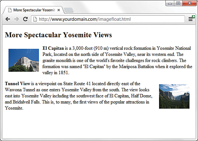 A screenshot shows the alignment of the images in the "More spectacular Yosemite views" web page. The first image appears on the left followed by the corresponding text, while the next image appears on the right and is preceded by its text.