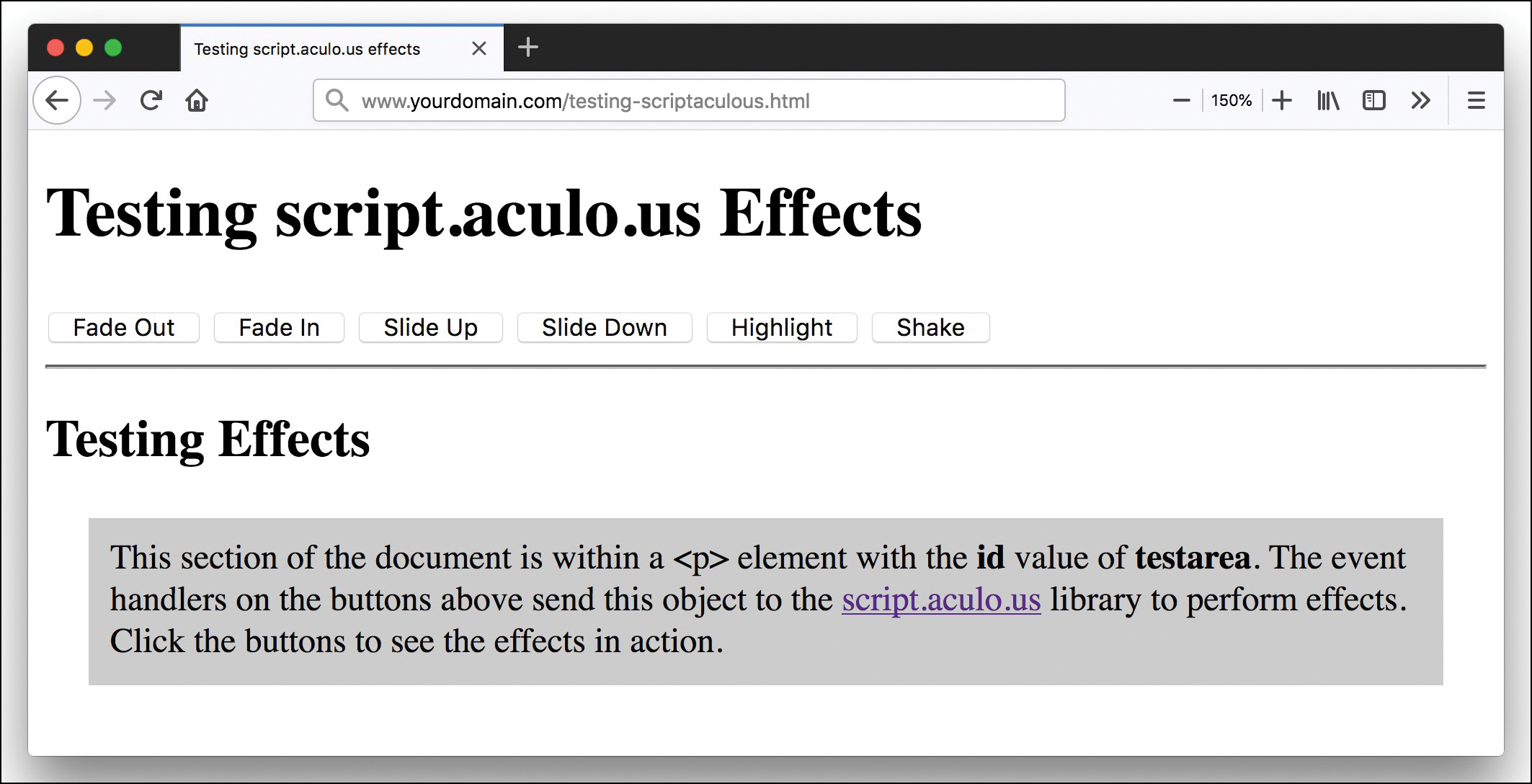 A screenshot shows how to implement effects using JavaScript. The page has six buttons: Fade Out, Fade In, Slide Up, Slide Down, Highlight, and Shake. A text is displayed at the bottom for testing the effects.