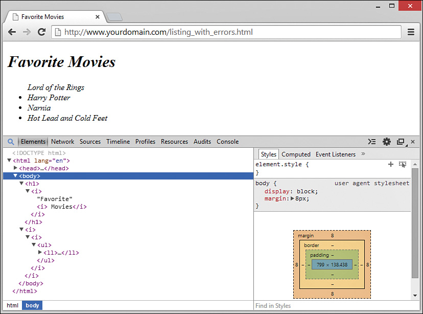 A screenshot shows the script of the "Favorite Movies" page in the Elements tab in expanded view.