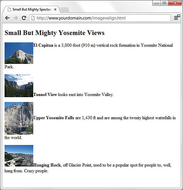 A screenshot shows an example of vertical image alignment using the "Small But Mighty Yosemite Views" webpage. The photographs are on the left, one below the other with descriptive text to the right of each one.