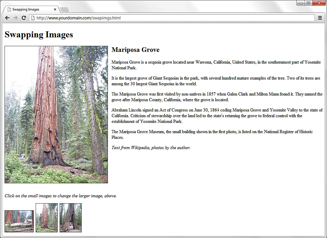  A screenshot shows the result of clicking a thumbnail in the Swapping Images webpage. The second thumbnail is selected and the image in the image area shows is changed to the selected one.