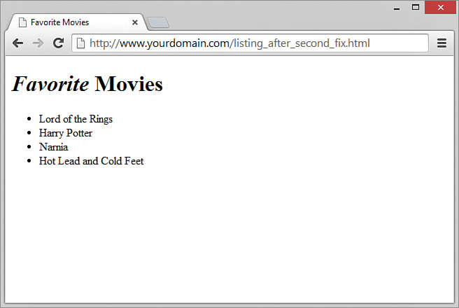 A screenshot shows the "Favourite movies" list in the desired format, that is, the word Favorite in the header is the only italicized text. All the items in the list are bulleted.