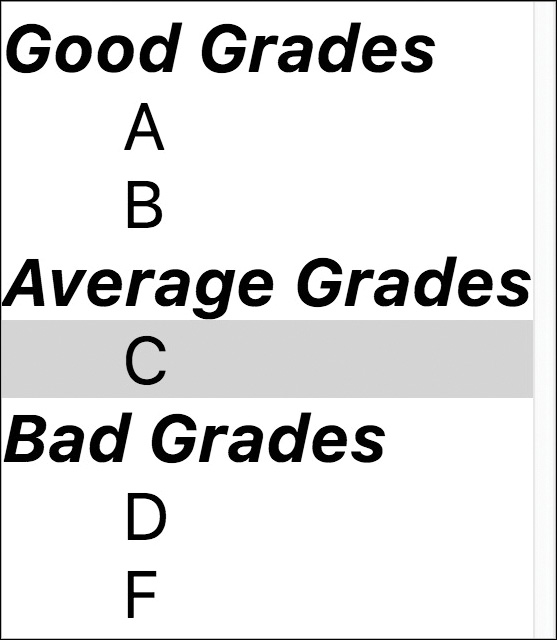 A sample of a drop-down list, with three optgroup elements: Good grades, Average Grades, and Bad Grades. The three groups and their respective option values are displayed in an hierarchical manner.