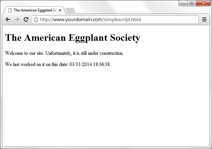 A screenshot displays the output rendered using document.write. The last statement out of the three statements printed denotes the last modified date and time in the month, date, and year hours, minutes, and seconds format.