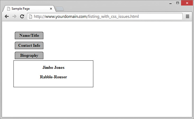 A screenshot shows the output of a valid HTML and CSS script. It has three tabs "Name or title, Contact Info, and Biography" one below the other followed by a text box that displays two names.