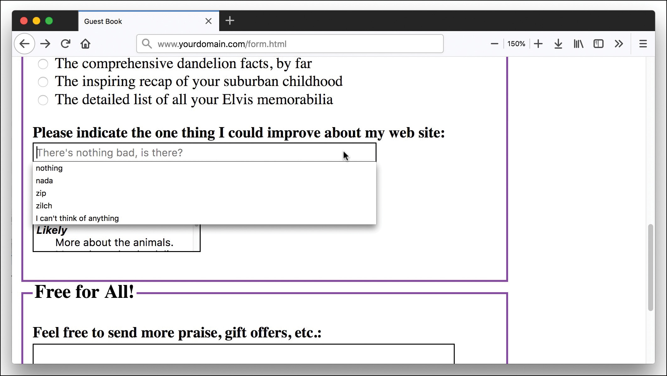 A screenshot of the Guess Book page with one of its drop-down input component selected.