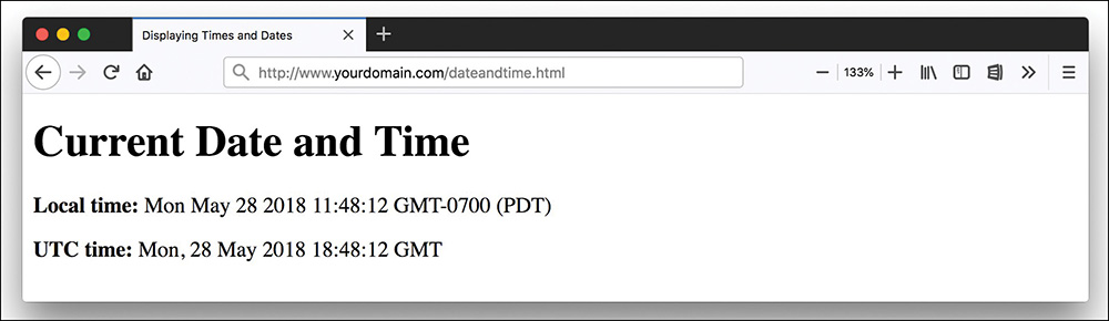 A screenshot shows the output of the script to display the date and time. The heading of the page is level 1. It displays the local time and U T C time in the day, month, date, year, hours, minutes, and seconds format.