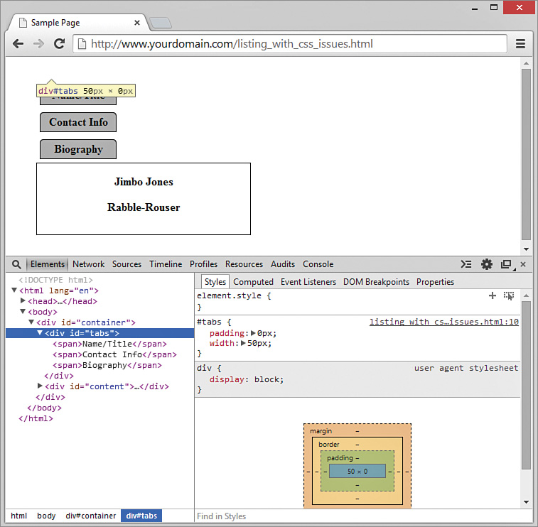 A screenshot shows the output of the sample valid HTML and CSS script and its D O M.