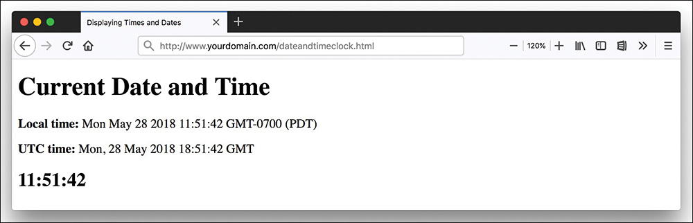 A screenshot shows the output modified date and time. The heading of the page is now level 2. Apart from local time and U T C time, the current time is displayed at the bottom in level 2 heading format.