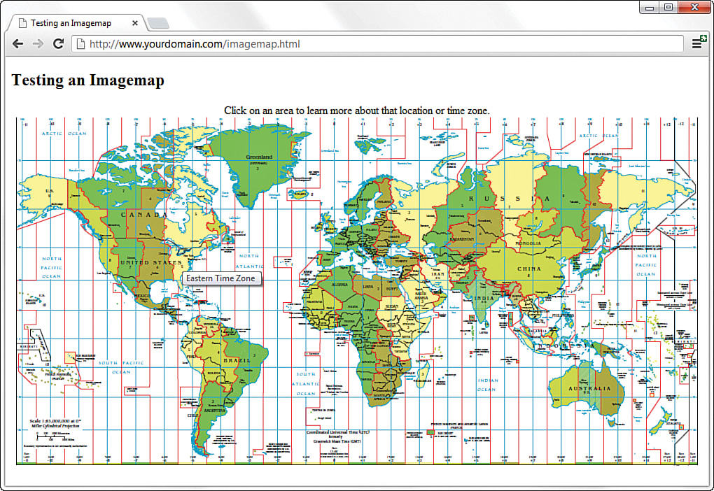 A screenshot shows the result of using an Imagemap. It shows the world map with time zones. At the top of the map, a text reads: Click on an area to learn more about that location or time zone.