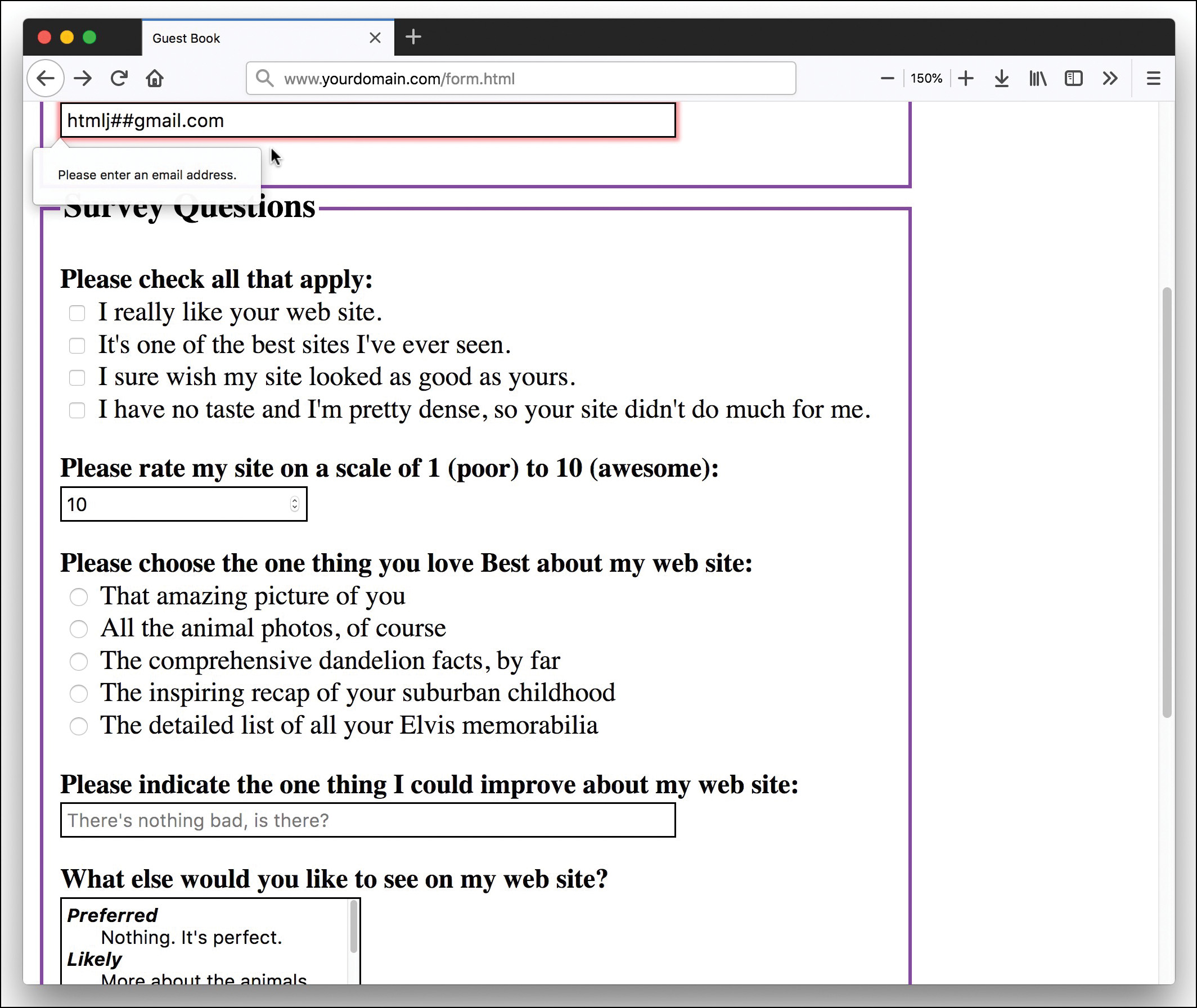 A screenshot shows the result of submitting a form with content in unaccpetable format. It displays a pop-up message that reads, Please enter an email address.
