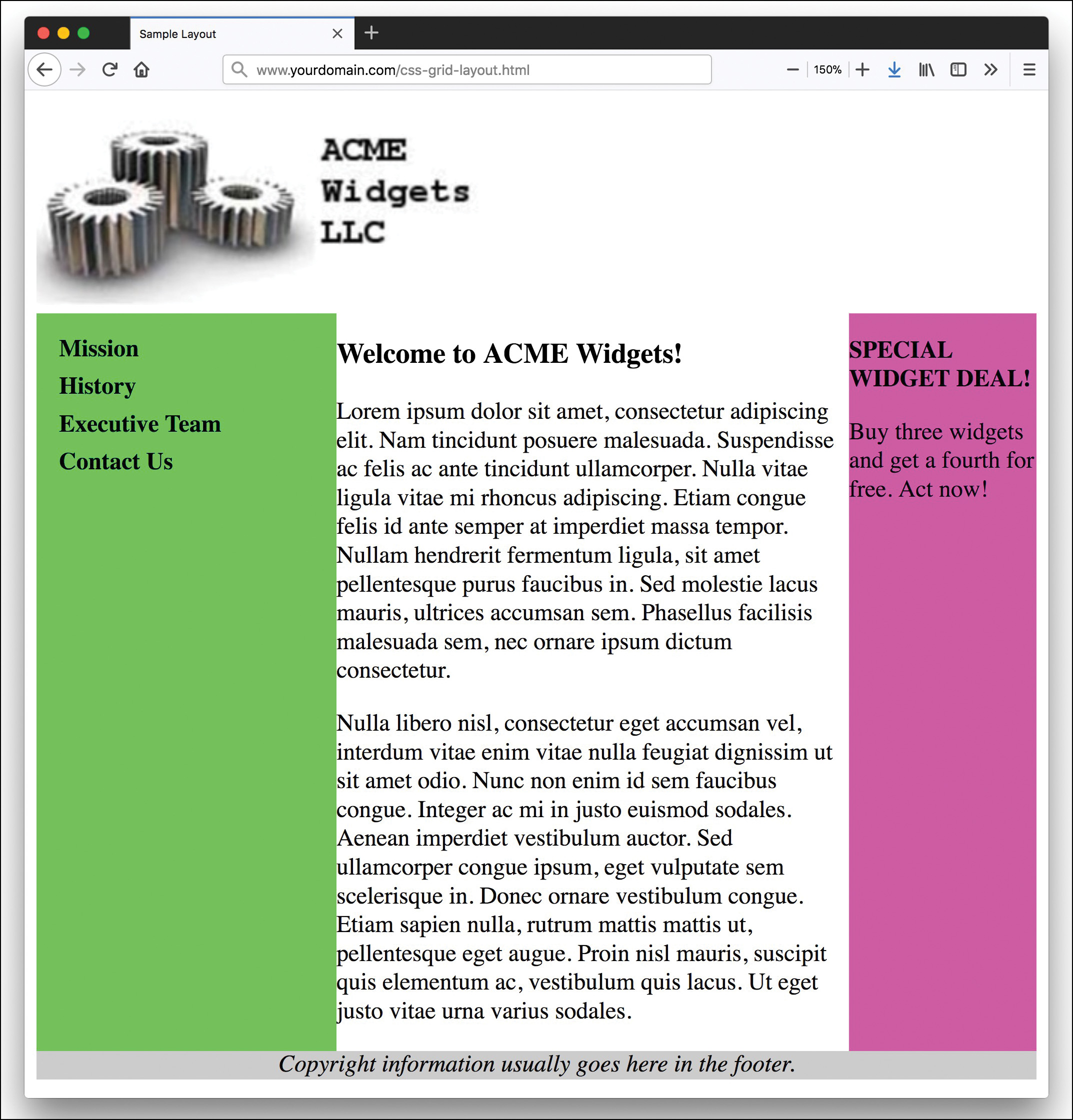 A screenshot shows a sample layout with the CSS grid module.