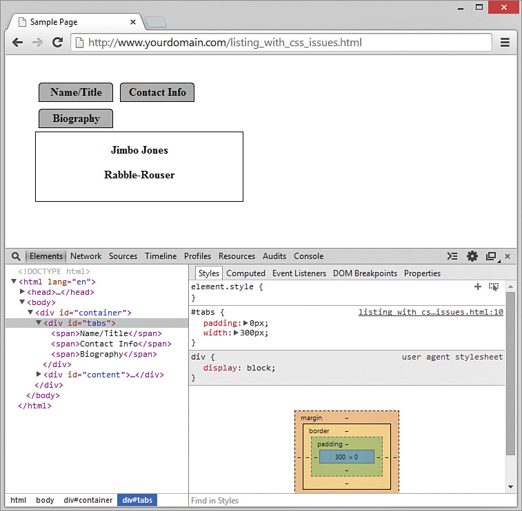 A screenshot shows the modified output of the valid HTML and CSS script. The tabs Name or Title and Contact Info are at the same level, side by side. The third tab is still below the first tab.