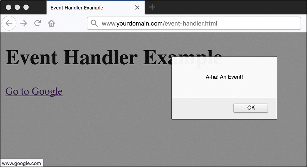A screenshot of a webpage with a link reading Go to Google (which is clicked), overlapped by an alert box that reads, A-Ha! An event. The alert box has an Ok button.