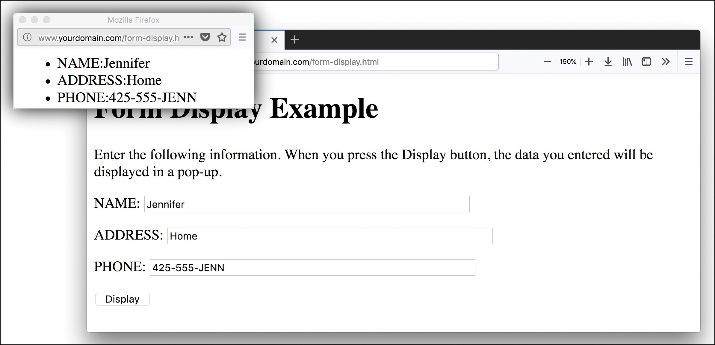 A screenshot shows the action displaying user input data in a separate browser window.