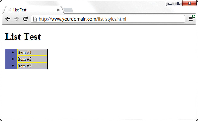 The list_styles.html shows three list items under the heading "List Test." The items are displayed inside a box, with a background color for the bullets and a different color/highlight for the items. 