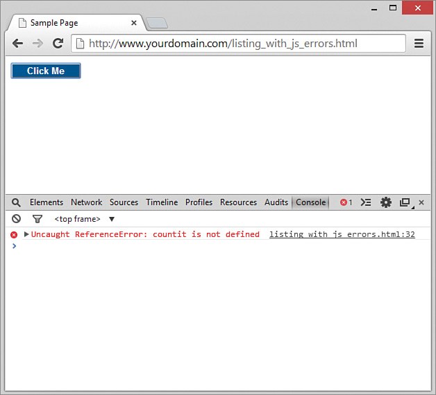 A screenshot shows the page with the Click me button.
