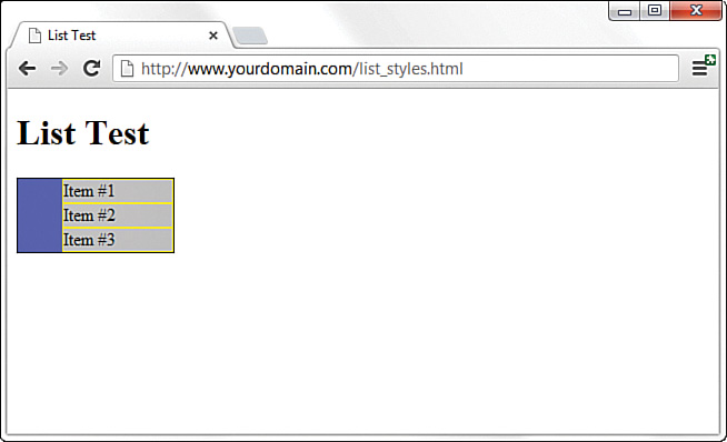 In the figure, the list_styles.html shows the three items displayed inside a box under the List Test heading. The left padding remains the same as before, but the  list items appear without bullets.