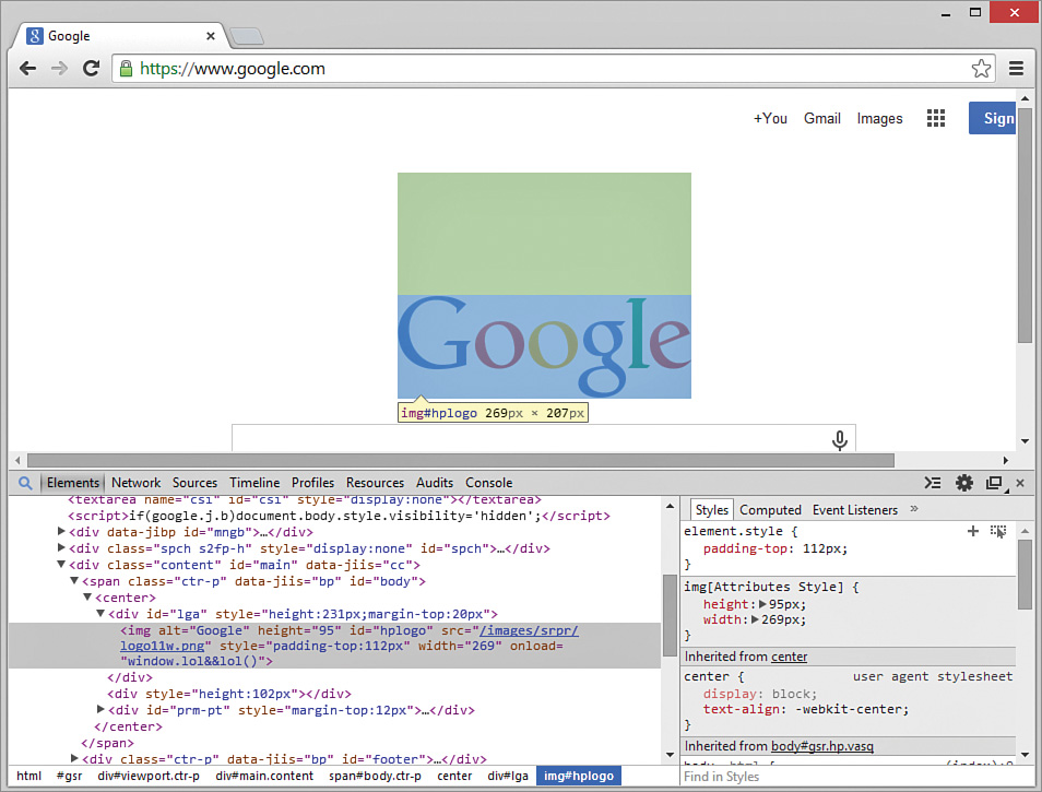 A screenshot of Google homepage in Chrome, inspecting the Google logo using Developer Tools.