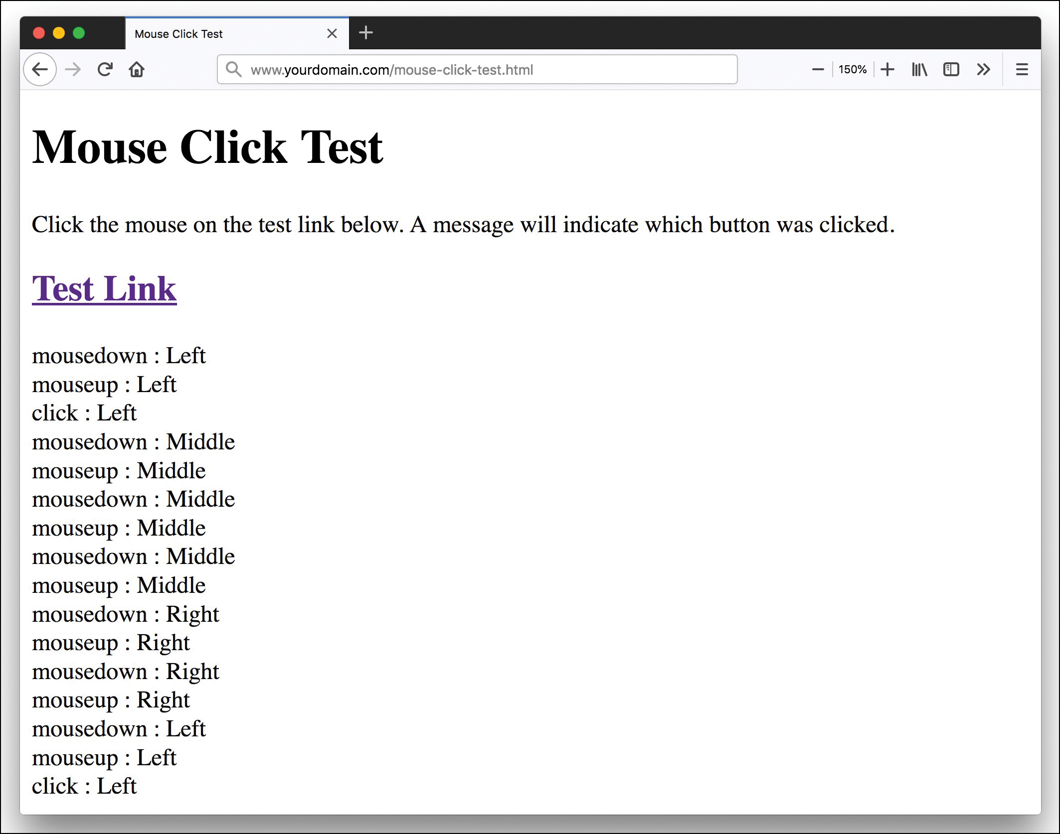 A screenshot shows the output of the script for mouse click test.