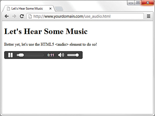A screenshot shows the output of "audio" element. A horizontal bar denoting an audio player, with pause, audio position navigator, time, and volume buttons.