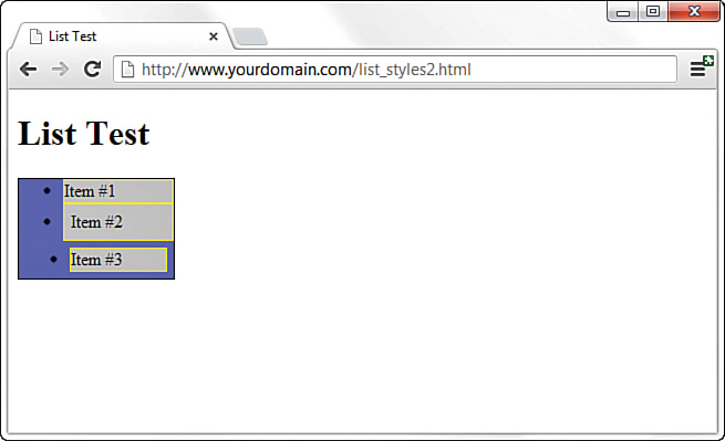 A screenshot of the list_styles2.html page shows how the list items appear when the padding value of each item is changed. The items still appear inside the box. However, the padding and margin orientation is altered for each item, and the successive items of the list are indented more than the preceding item. 