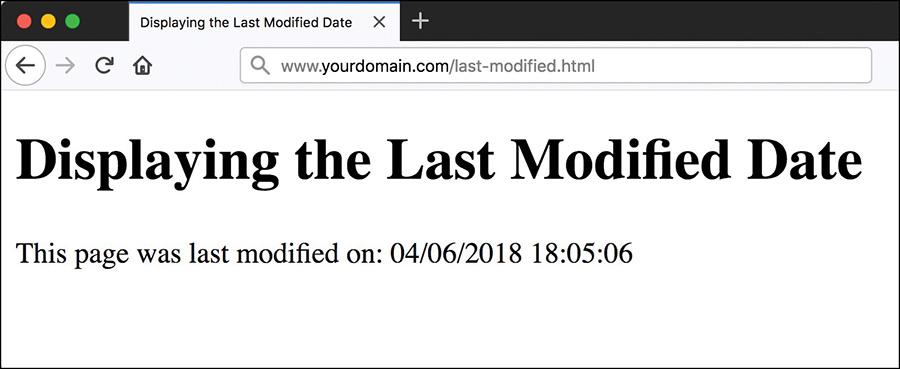 A screenshot shows the screen of a browser displaying the last modified date. The message reads, This page was last modified on: 04/06/2018 18:05:06.