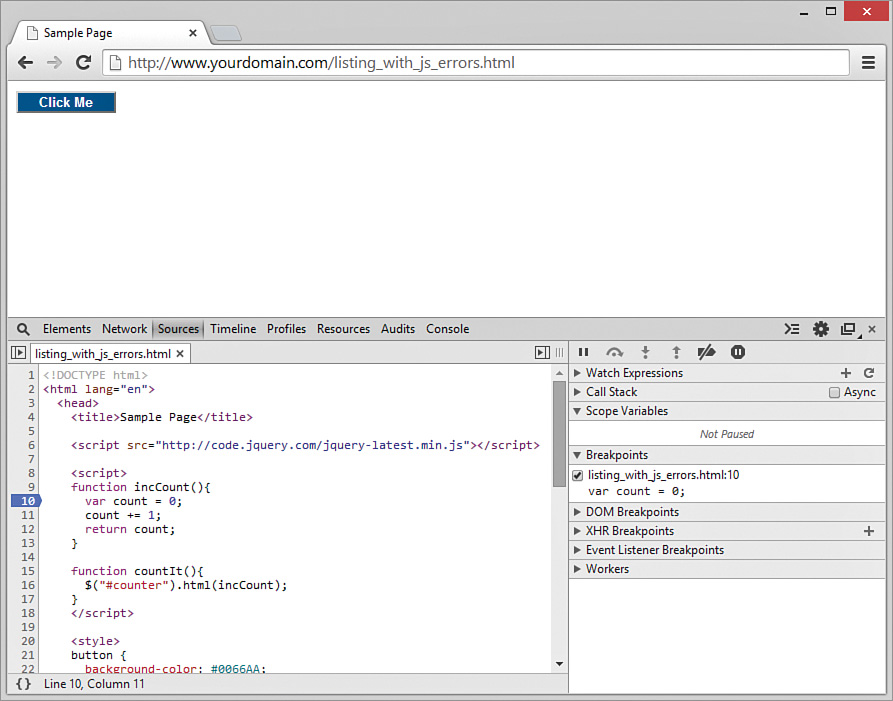 A screenshot shows the setting of a breakpoint. In the Sources tab, the line number "10" along the left is clicked. The number 10 is now enclosed with an arrow-like symbol.