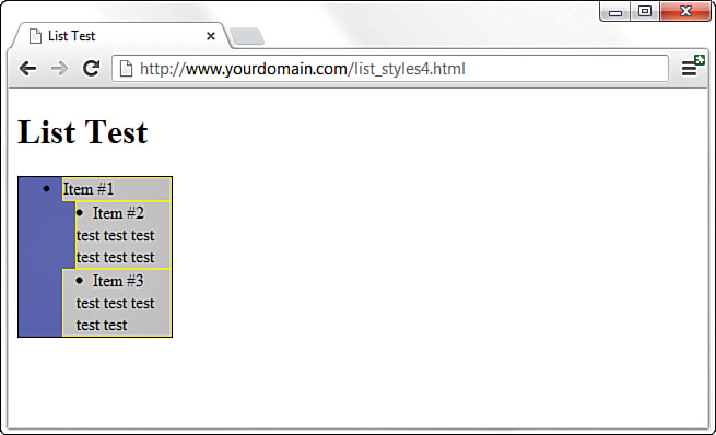 Effects of different margin and padding values on two list items.
