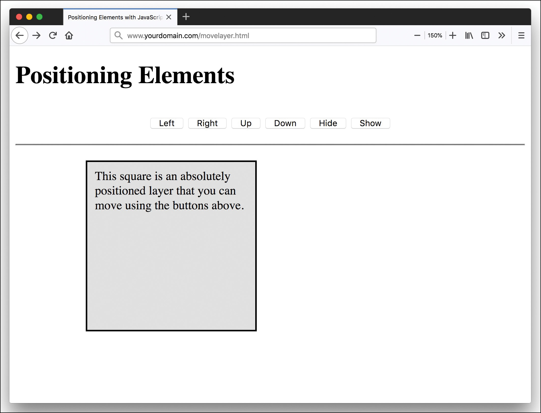 A screenshot shows the output rendered after loading the "HTML document for the movable layer example."