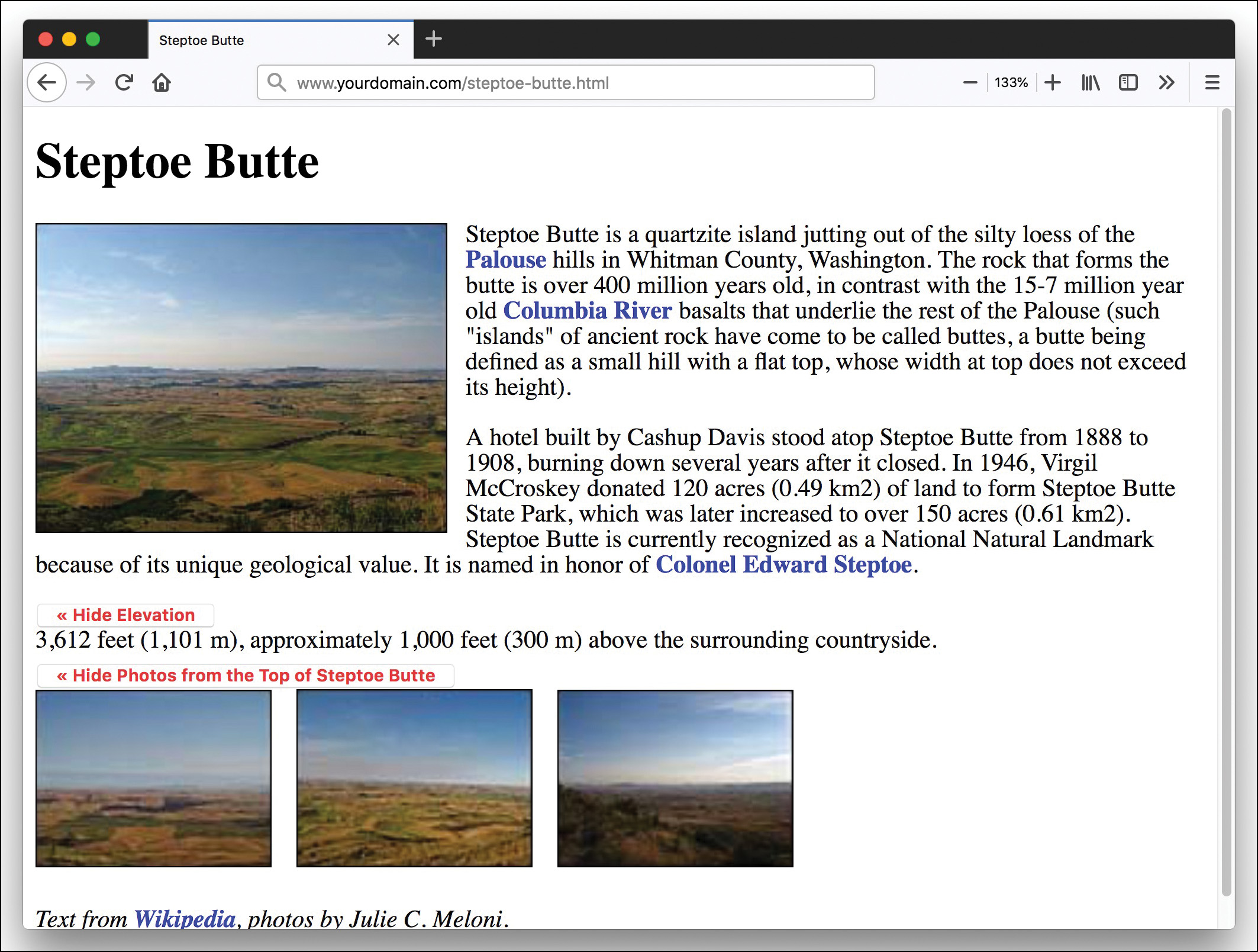 A screenshot of the Steptoe Butte is shown after both buttons are clicked.
