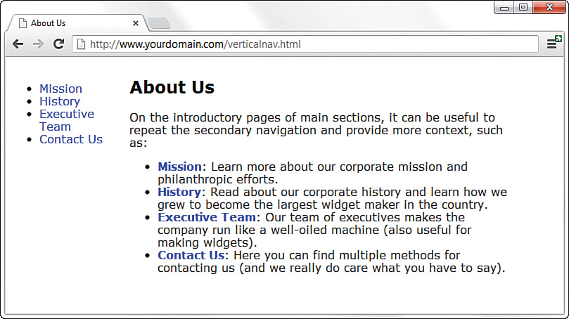 In the screenshot, the "About Us" section shows its content laid out in vertical navigation style. The links, however, are not underlined in the main body, and appear in bold text. 