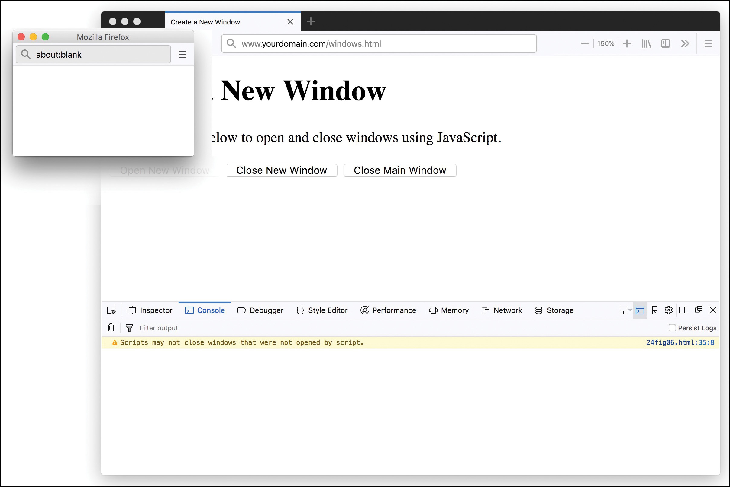 A screenshot of a browser with an example error message in its console.