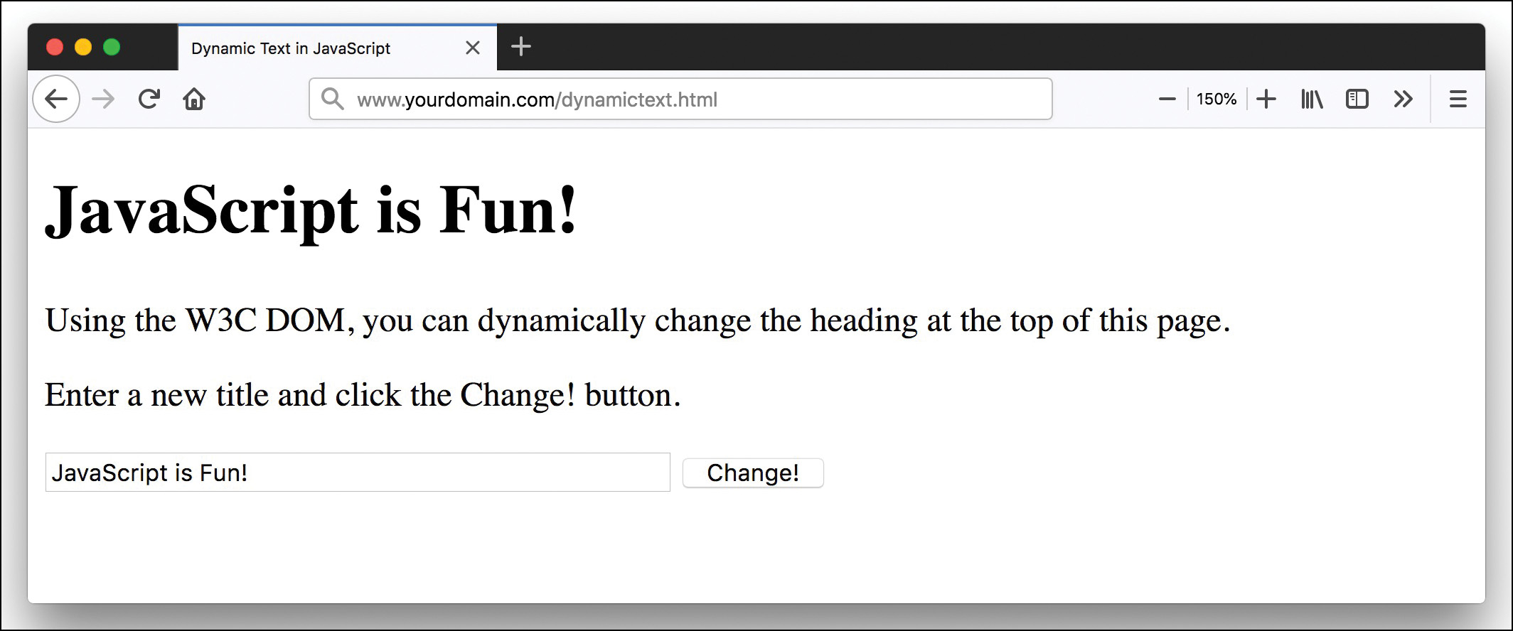 A screenshot shows an example of heading modification using W3C DOM.