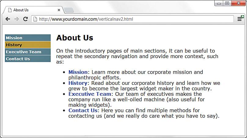 The list items on the left side appear highlighted with a background color for each. The item "History" gets highlighted in a different color when the mouse pointer is hovered over it.