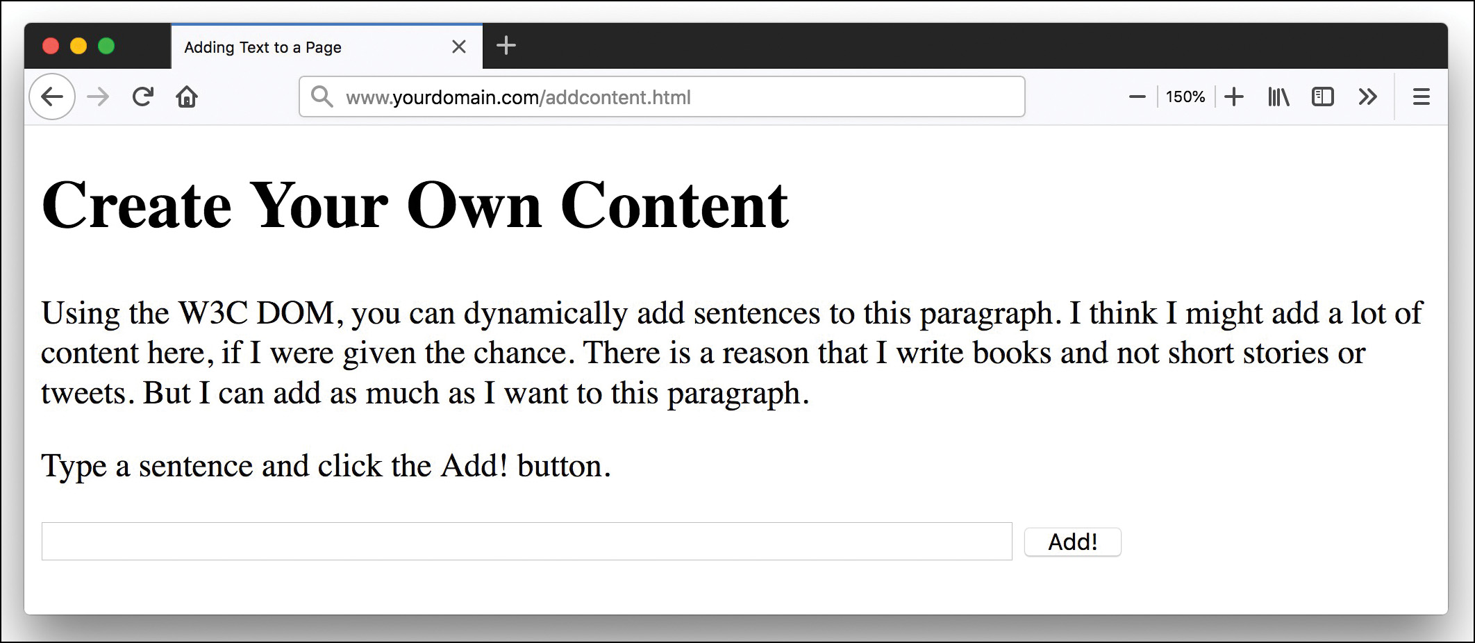 A screenshot shows an example of text-addition using W3C DOM.