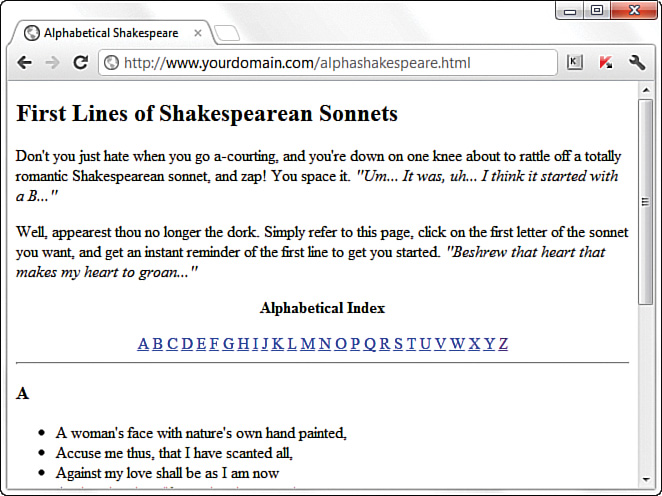 A screenshot shows the output of "Alphabetical Shakespeare" file, where the sonnets are grouped alphabetically with an Alphabetical index at the top. The index is comprised of alphabets A to Z, all clickable links.