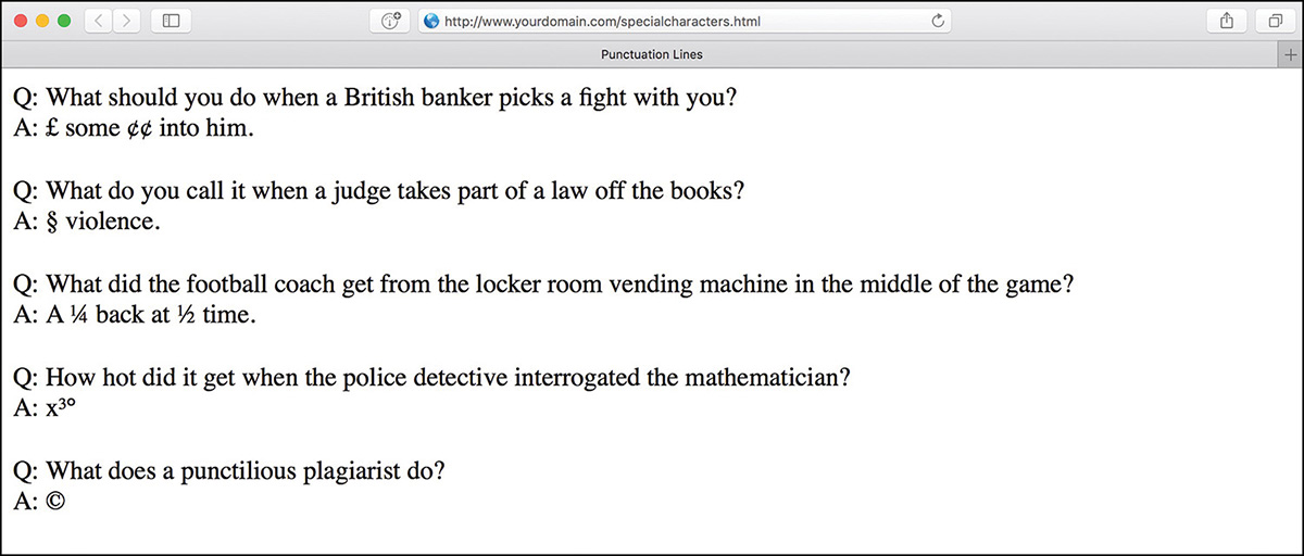 A screenshot shows the output of the HTML file "punctuation lines," where five set of questions along with their answers, space given between any two sets of questions and answers is displayed.
